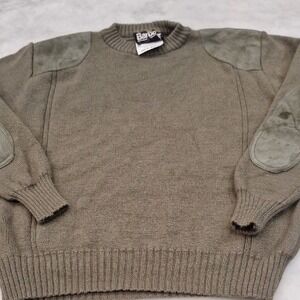 VTG Barbour Olive Green 100% Pure Wool Sweater Suede Patches CHECK SIZE Military
